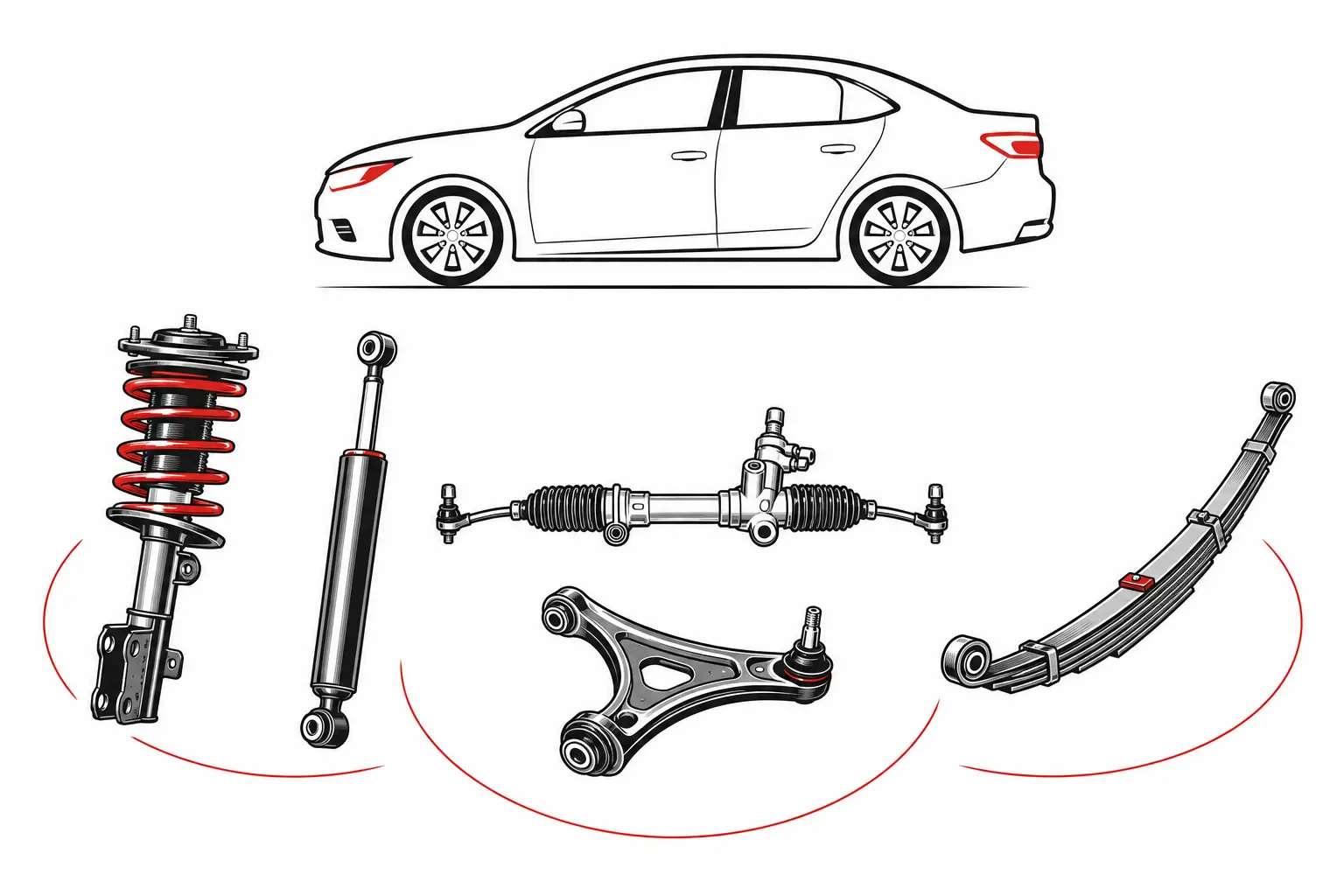 Desenho ilustrativo de peças de suspensão e direção automotiva